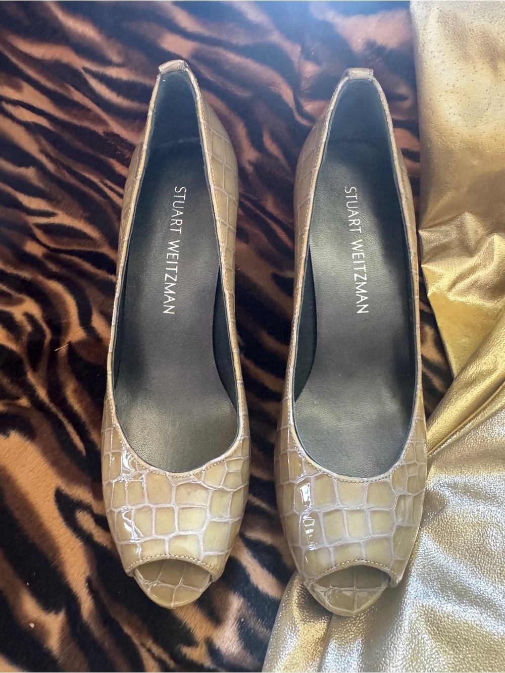 Stuart Weitzman Taupe Croc-Embossed Patent Peep-Toe Pumps